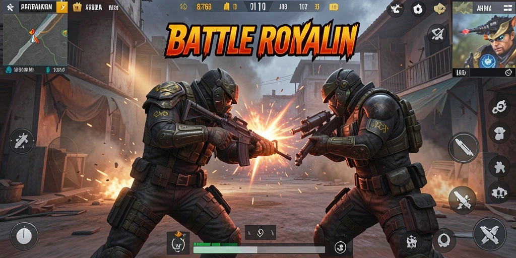Tampilan gameplay seru dalam pertarungan Battle Royale yang intens.