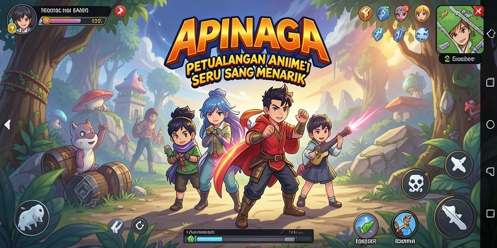 Tampilan gameplay dari APINAGA dengan karakter anime yang mengesankan.