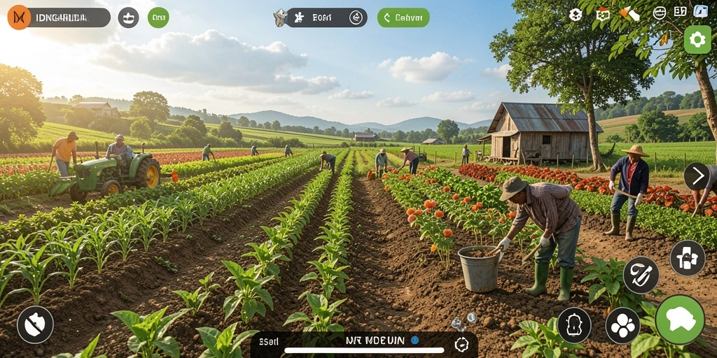 Screenshot gameplay IDNGARUDA yang menunjukkan aktivitas bertani yang seru.
