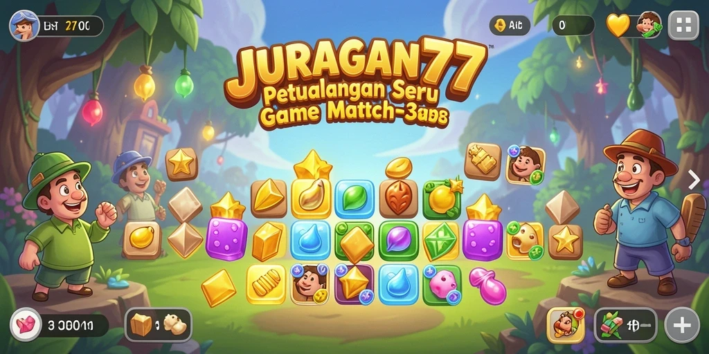 Screenshot utama JURAGAN77 menampilkan gameplay Match-3 yang seru.