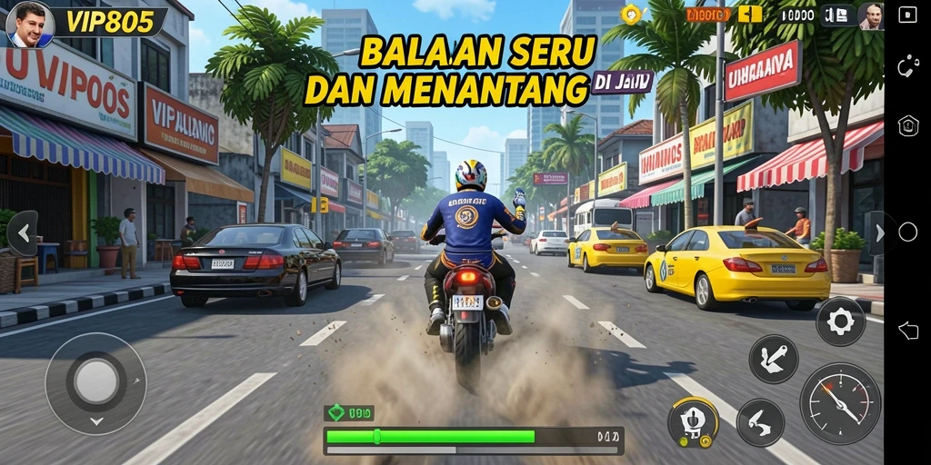 Gameplay balapan seru dengan mobil cepat dan trek menantang.